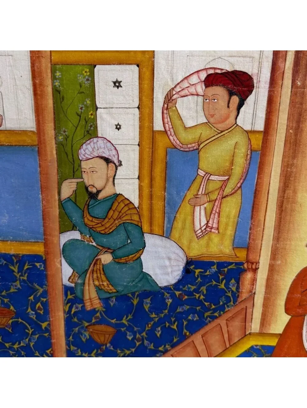 Large Hand Painted Mughal Court Scene Framed Painting Peacock Indian 32x48 inch